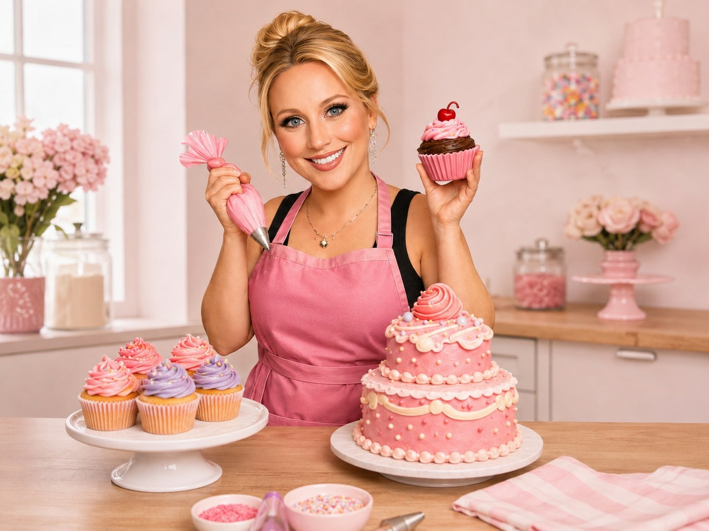 Chrissy with cupcakes and a celebration cake